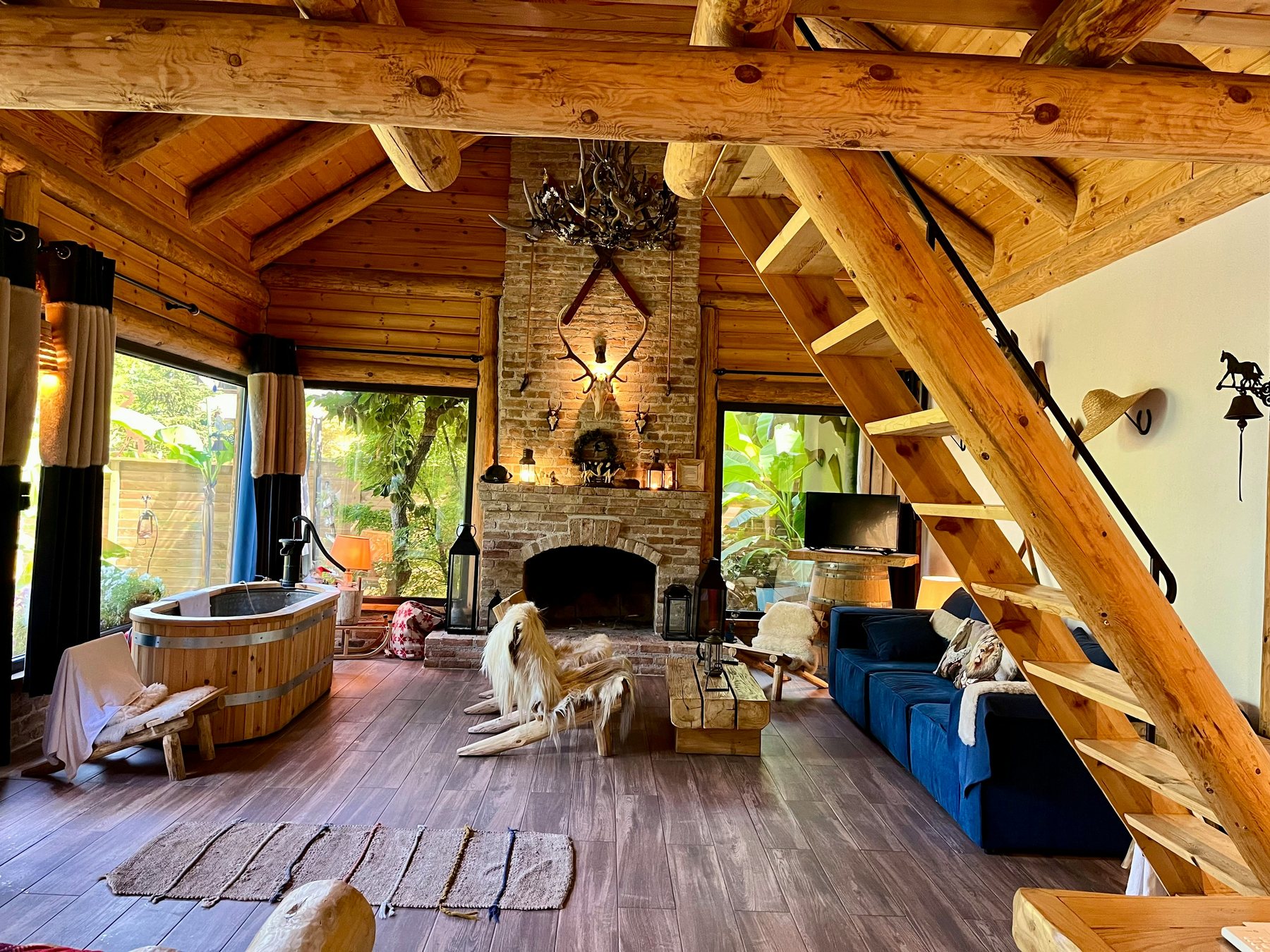 Rustic cabin living room with fireplace