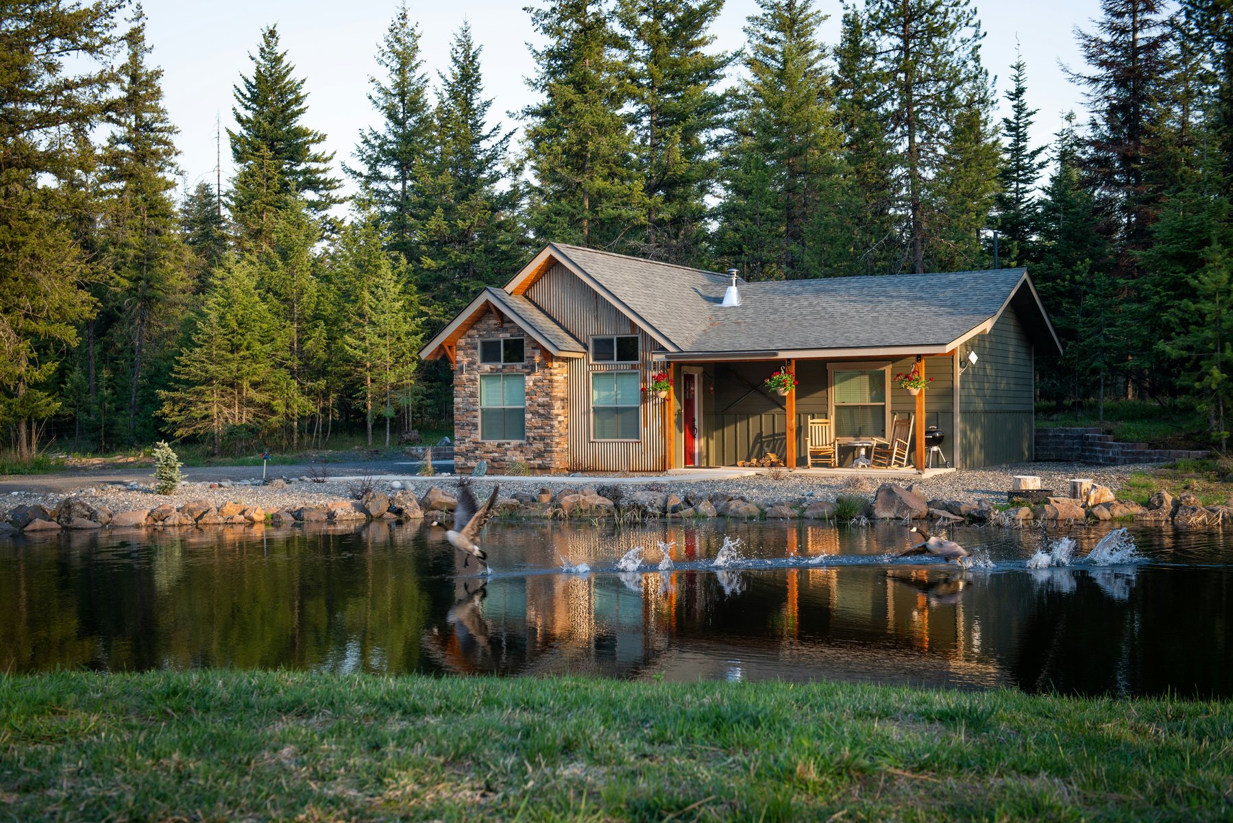 Cabin in an evergreen setting beside water